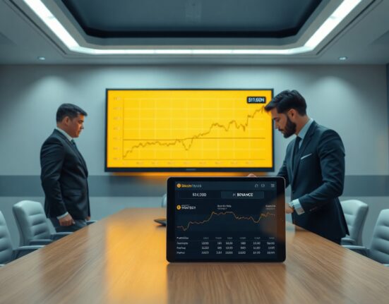 Business professionals analyzing Bitcoin holdings comparison between Strategy and Binance on a digital screen