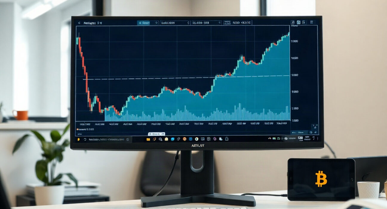 Analyst desk with monitor showing upward Bitcoin price chart in a bright office