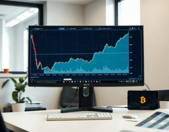 Analyst desk with monitor showing upward Bitcoin price chart in a bright office