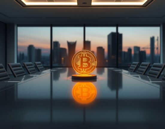 Holographic Bitcoin in a corporate boardroom representing Strategy's financial engineering experiment.