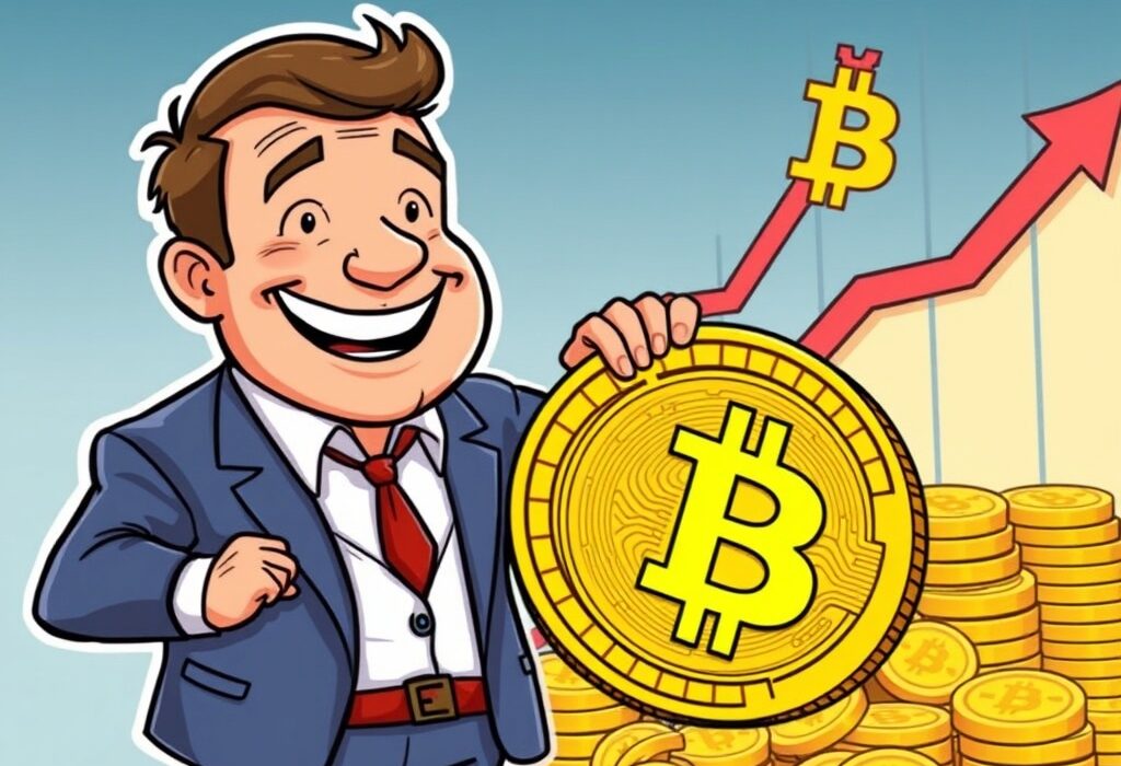 A cartoon illustration depicting Strategy's CEO celebrating a significant Strategy Bitcoin acquisition, highlighting growth and strategic investment.