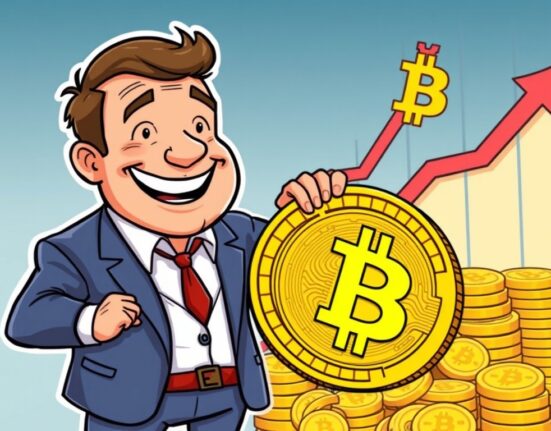 A cartoon illustration depicting Strategy's CEO celebrating a significant Strategy Bitcoin acquisition, highlighting growth and strategic investment.