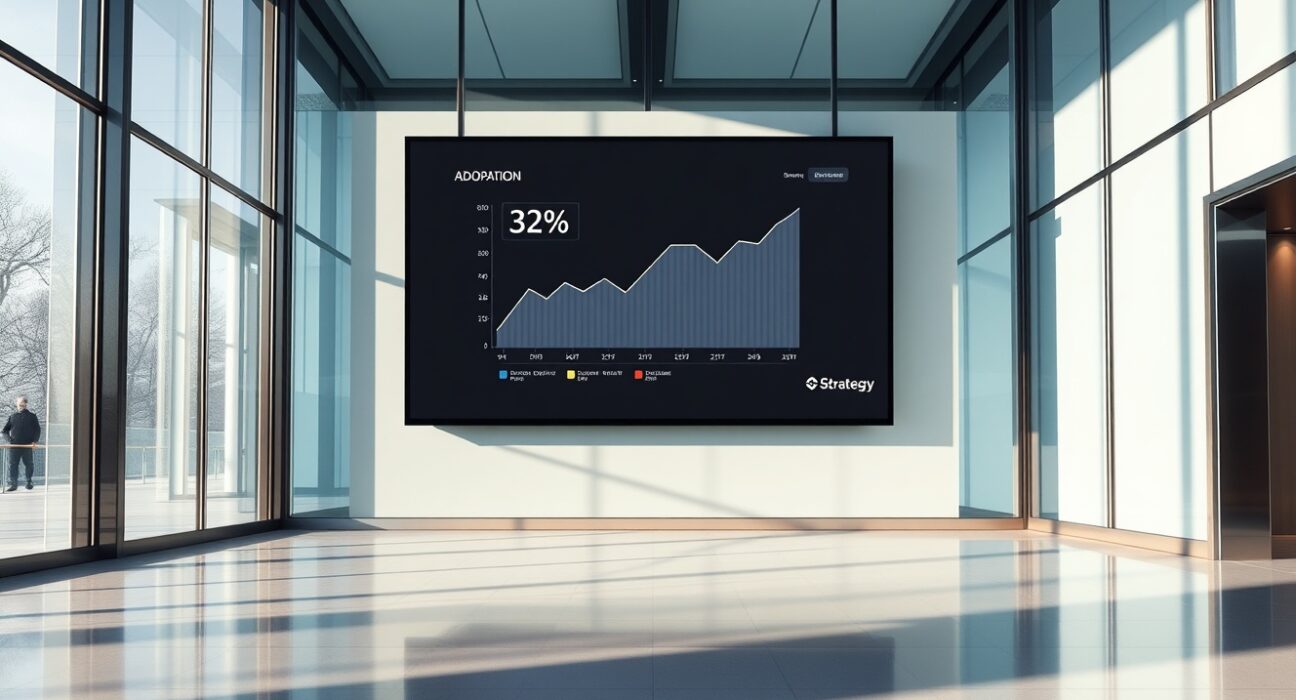 Digital dashboard showing Bitcoin adoption rate among banks at 32% with a Strategy logo.