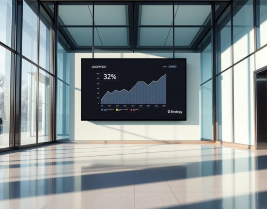 Digital dashboard showing Bitcoin adoption rate among banks at 32% with a Strategy logo.