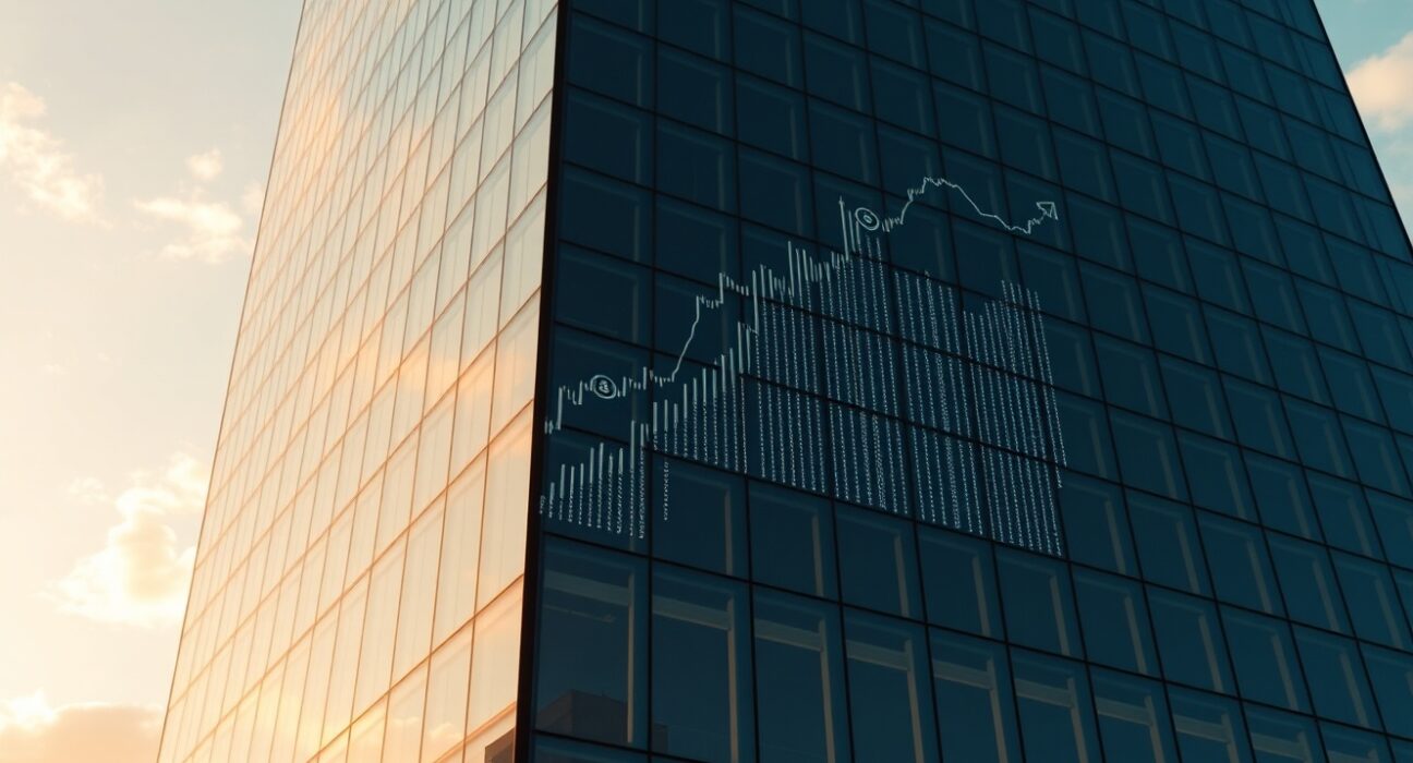 Corporate office building with digital Bitcoin and stock chart overlays representing corporate crypto investment.