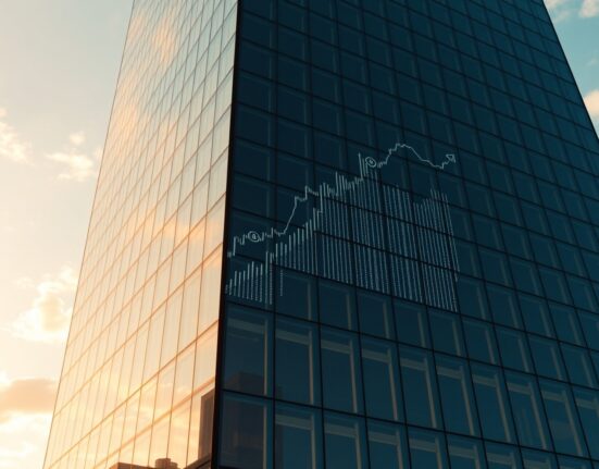 Corporate office building with digital Bitcoin and stock chart overlays representing corporate crypto investment.