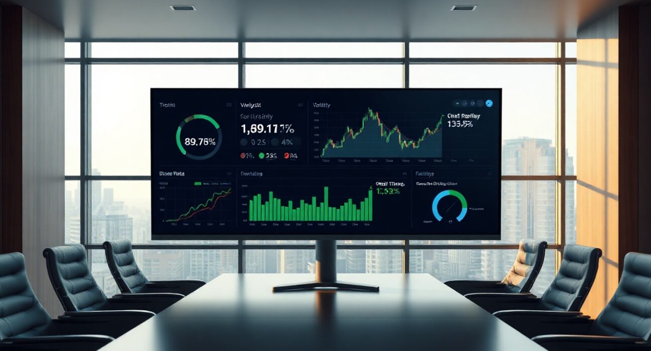 Financial dashboard showing Bitcoin-based credit rating model interface on a monitor in a modern office