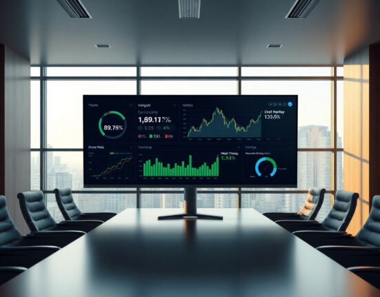 Financial dashboard showing Bitcoin-based credit rating model interface on a monitor in a modern office
