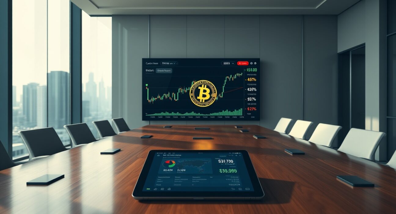 Digital screen displaying Bitcoin price chart and credit risk metrics in a modern boardroom