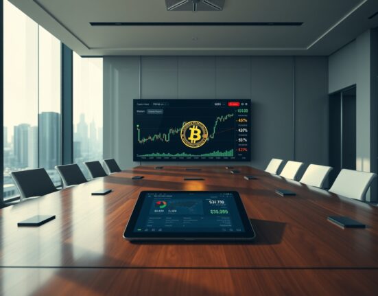 Digital screen displaying Bitcoin price chart and credit risk metrics in a modern boardroom
