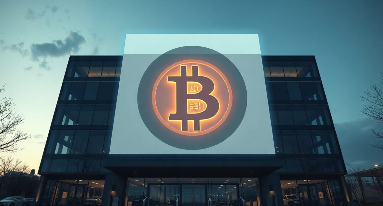 Corporate building with Bitcoin symbol projection representing Strategy's digital asset treasury
