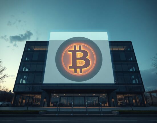 Corporate building with Bitcoin symbol projection representing Strategy's digital asset treasury
