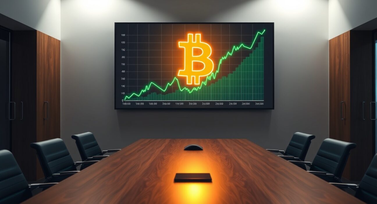 Modern corporate boardroom with digital display showing Bitcoin symbol and financial charts