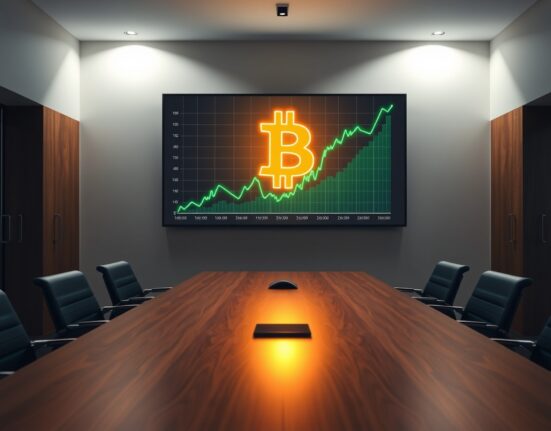 Modern corporate boardroom with digital display showing Bitcoin symbol and financial charts