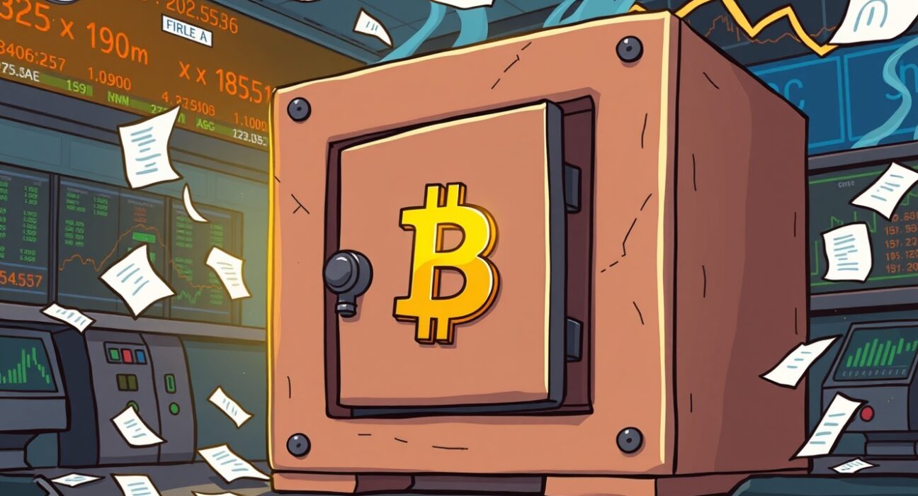 Secure vault protecting Bitcoin holdings during stock market volatility.