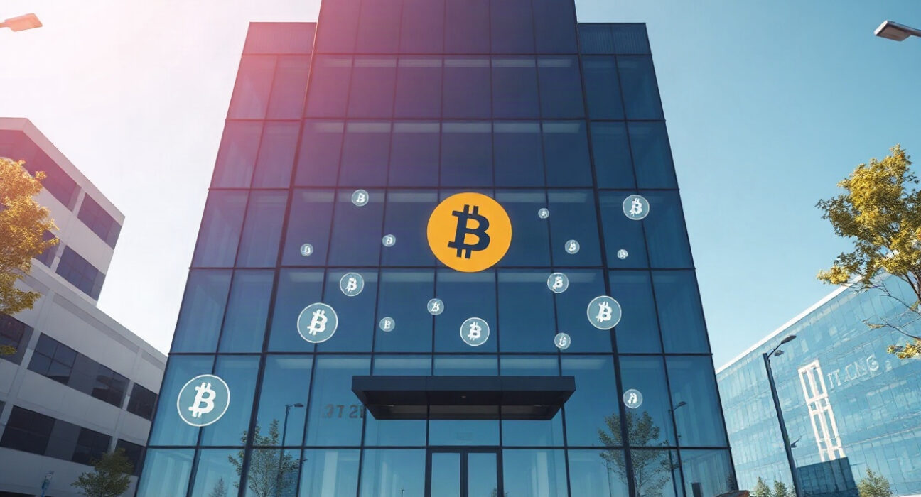 Modern corporate building with subtle Bitcoin symbols on glass facade, representing corporate Bitcoin holdings.