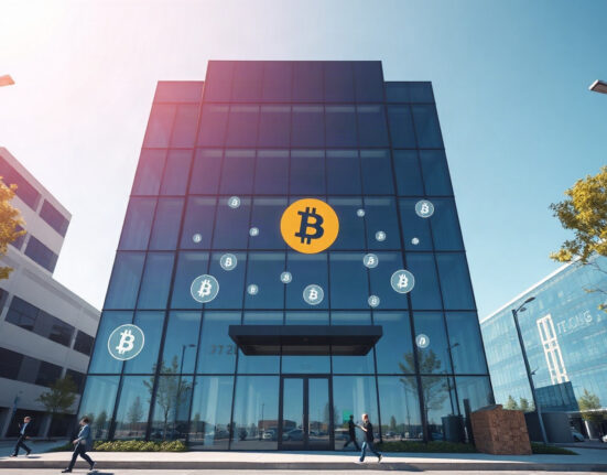 Modern corporate building with subtle Bitcoin symbols on glass facade, representing corporate Bitcoin holdings.