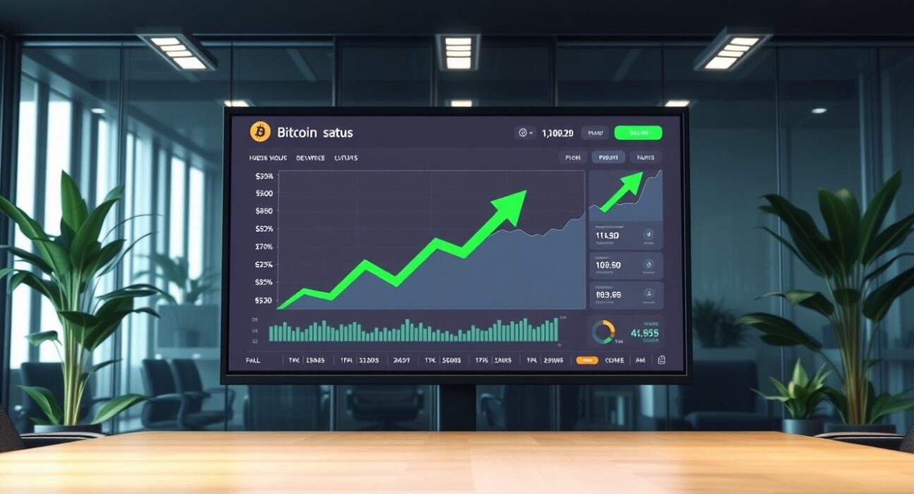 Corporate boardroom with digital display showing rising Bitcoin chart and financial dashboard