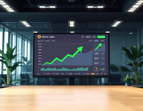Corporate boardroom with digital display showing rising Bitcoin chart and financial dashboard