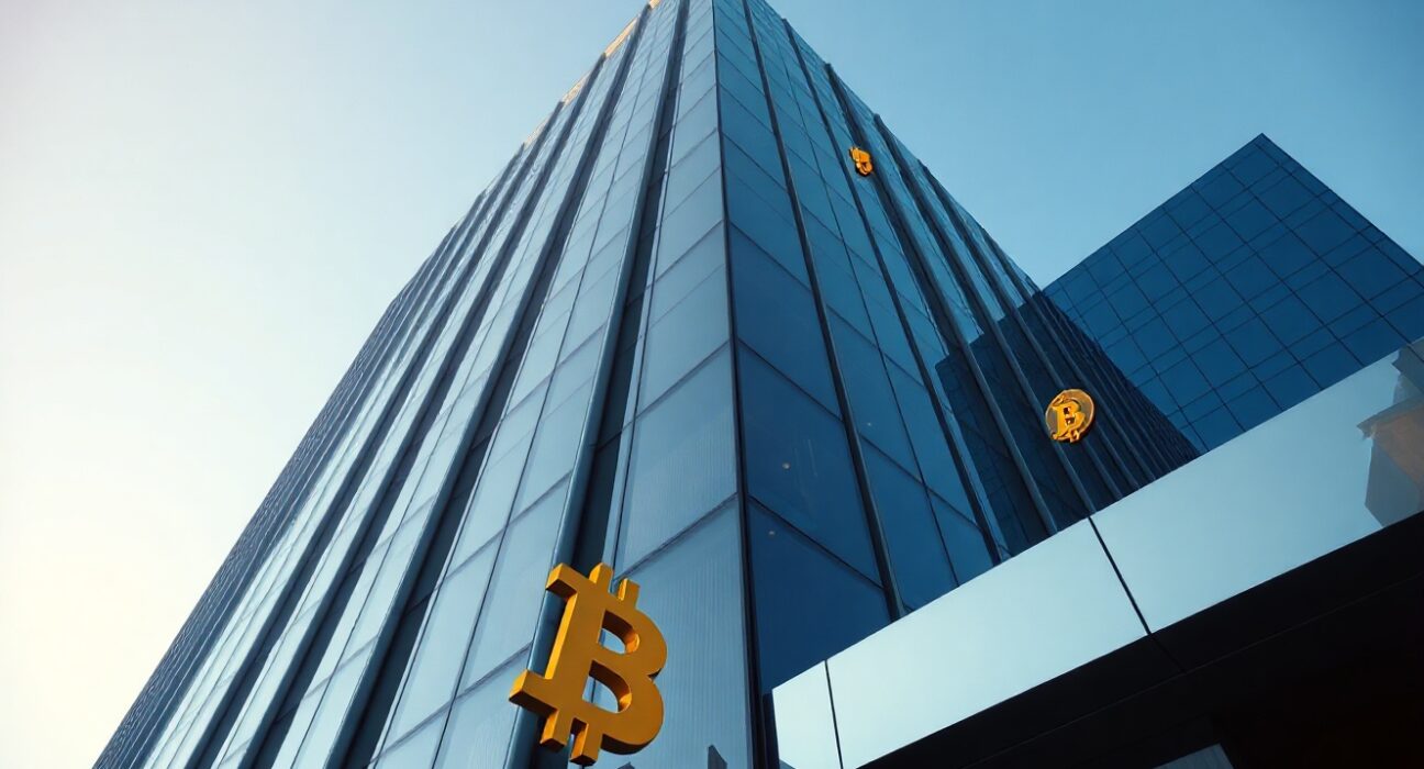 Corporate building exterior with subtle Bitcoin reflections, symbolizing Strategy's capital management analysis.