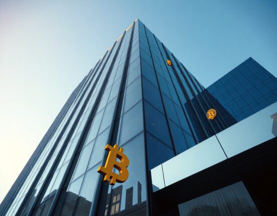 Corporate building exterior with subtle Bitcoin reflections, symbolizing Strategy's capital management analysis.
