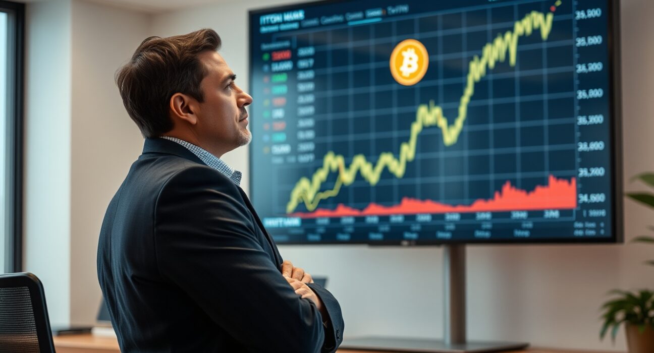 Financial analyst reviewing stable Bitcoin price chart in modern office