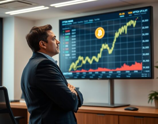 Financial analyst reviewing stable Bitcoin price chart in modern office