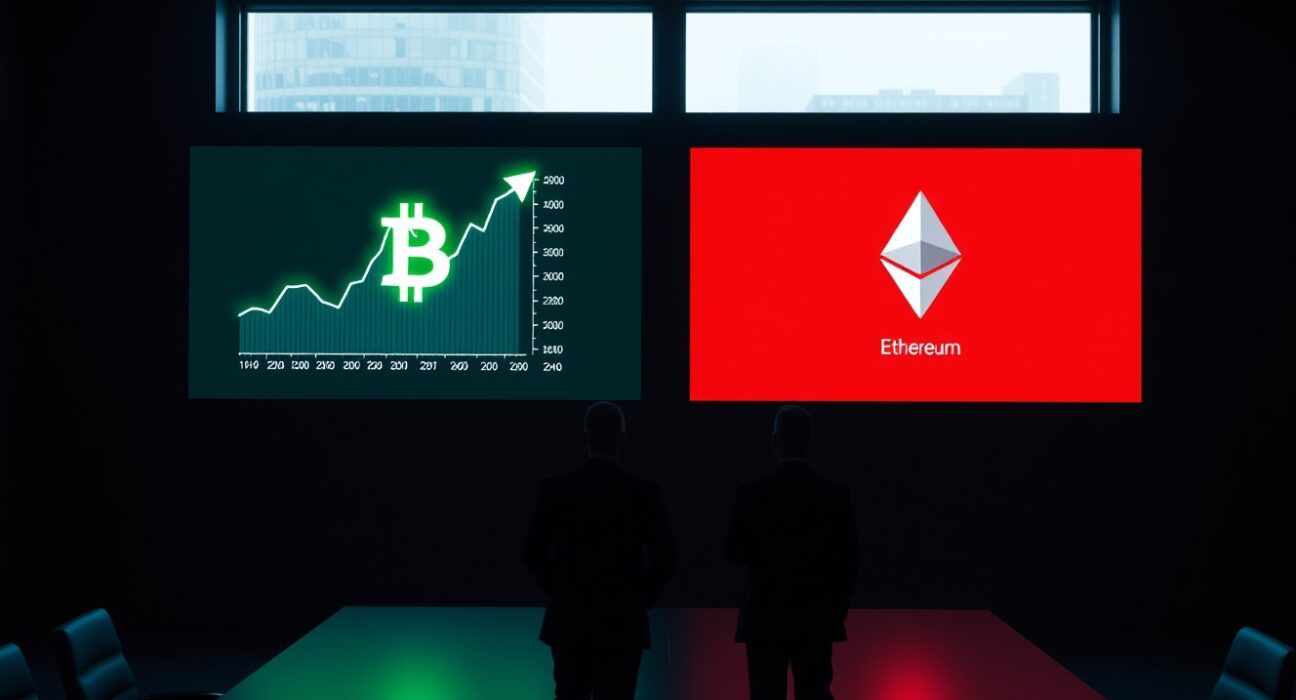 Corporate boardroom with digital screens showing Bitcoin profit and Ethereum loss charts