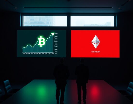 Corporate boardroom with digital screens showing Bitcoin profit and Ethereum loss charts