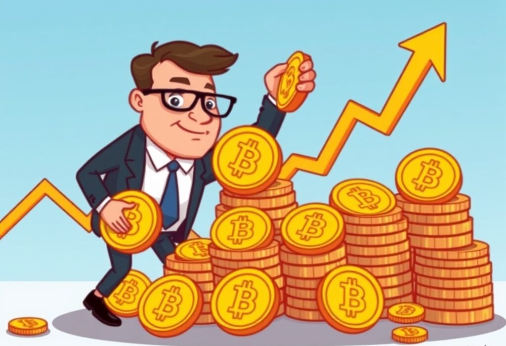 Cartoon illustration of a company accumulating a large pile of Bitcoin, representing Strategy's significant BTC purchase and growing crypto assets.