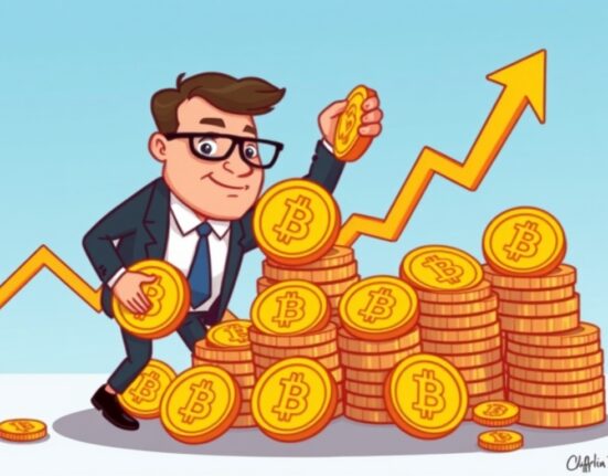 Cartoon illustration of a company accumulating a large pile of Bitcoin, representing Strategy's significant BTC purchase and growing crypto assets.