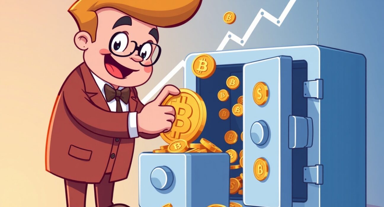 A cartoon character representing a company making a significant Strategy Bitcoin purchase, placing a coin into a digital vault.