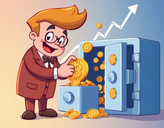 A cartoon character representing a company making a significant Strategy Bitcoin purchase, placing a coin into a digital vault.