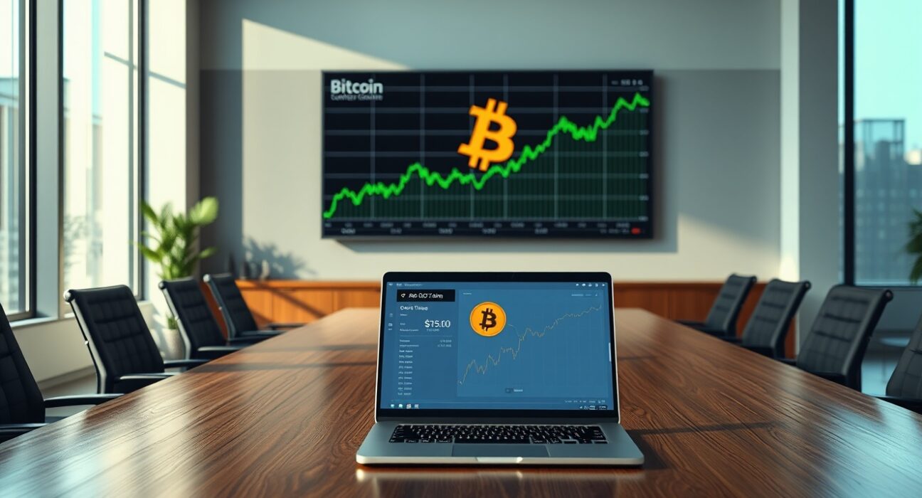 Boardroom with Bitcoin price chart on large display and open laptop showing wallet balance