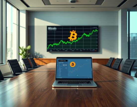 Boardroom with Bitcoin price chart on large display and open laptop showing wallet balance