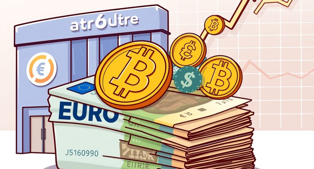 Cartoon showing euro currency converting into Bitcoin, illustrating Strategy's plan for Bitcoin purchases.