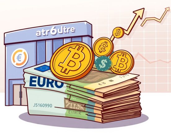 Cartoon showing euro currency converting into Bitcoin, illustrating Strategy's plan for Bitcoin purchases.