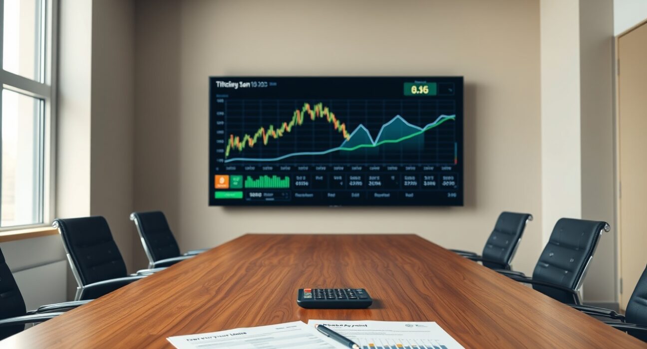 Corporate boardroom with Bitcoin chart and dividend timeline on digital display