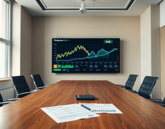 Corporate boardroom with Bitcoin chart and dividend timeline on digital display