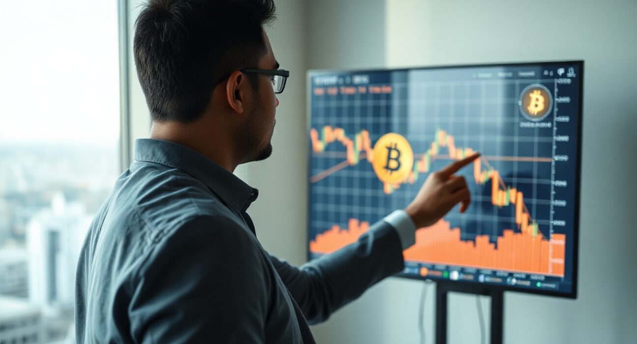 Financial analyst reviewing a Bitcoin price chart on a large screen in a modern office