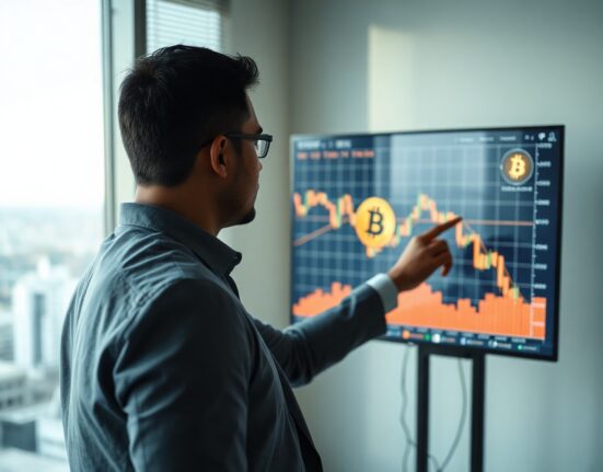 Financial analyst reviewing a Bitcoin price chart on a large screen in a modern office