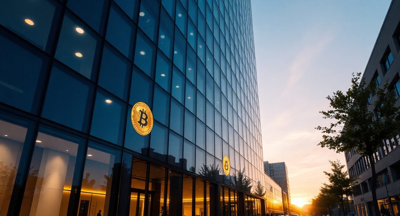 Corporate office building with Bitcoin reflections, representing Strategy's treasury moves
