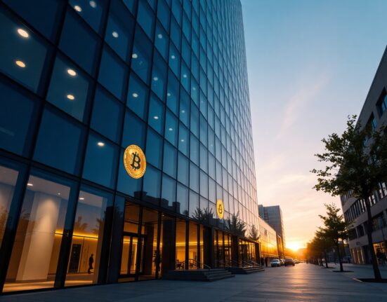 Corporate office building with Bitcoin reflections, representing Strategy's treasury moves