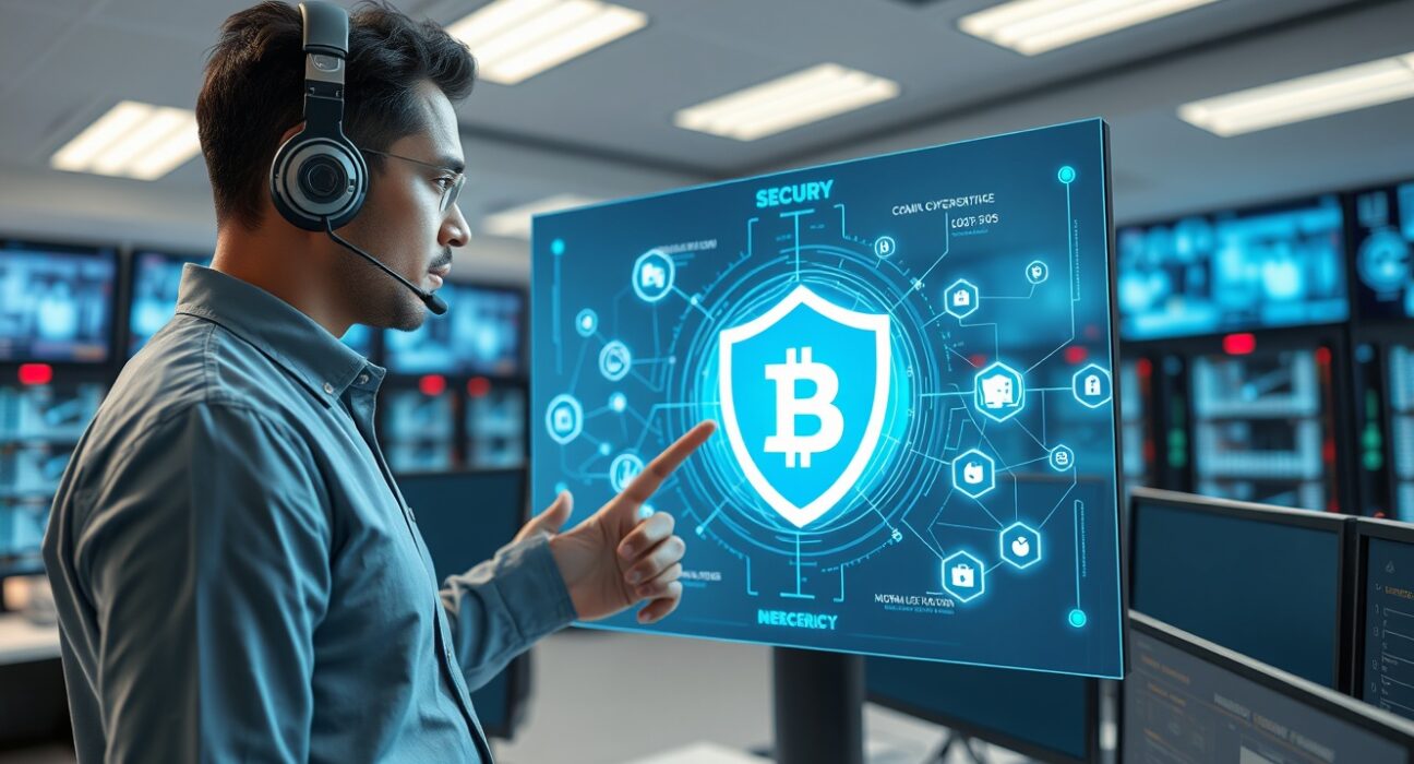 Cybersecurity analyst monitoring Bitcoin network security program in modern command center