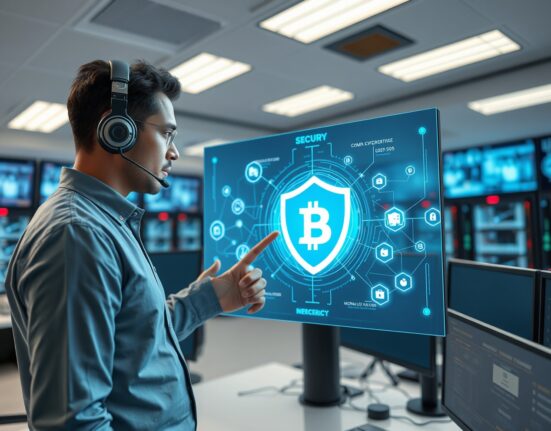 Cybersecurity analyst monitoring Bitcoin network security program in modern command center