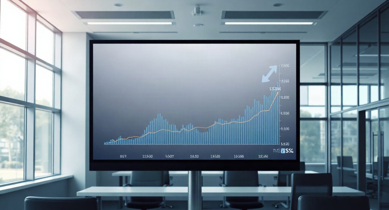 Digital Bitcoin price chart on a screen in a corporate treasury office, representing Strategy's buy and sell decisions.