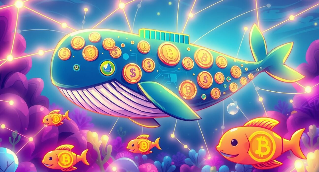 Bitcoin transfer depicted as digital whale moving through blockchain network