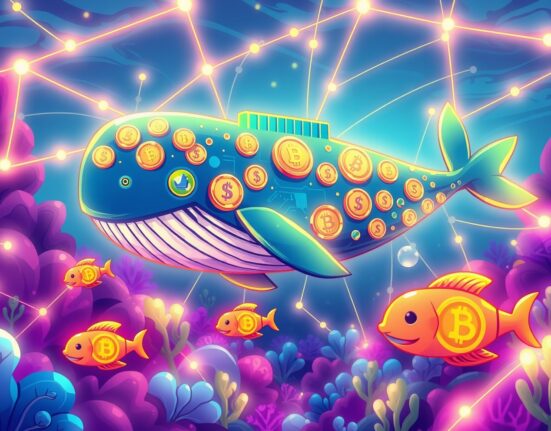 Bitcoin transfer depicted as digital whale moving through blockchain network