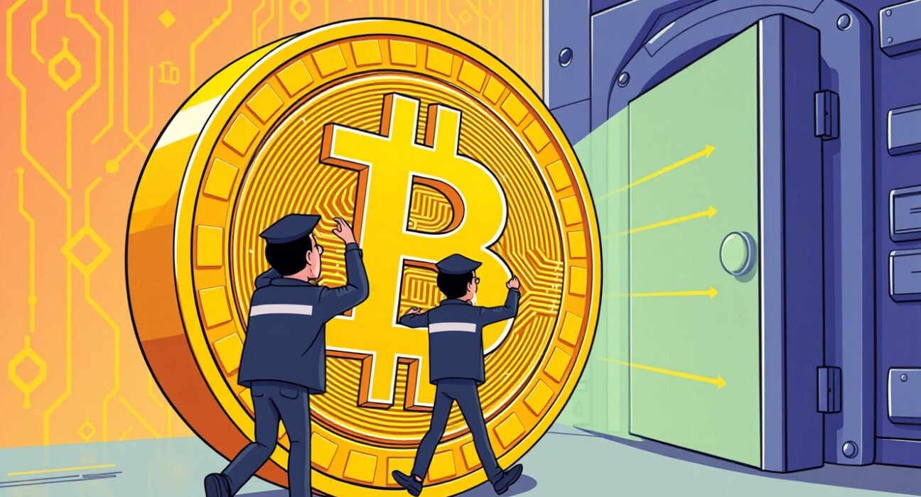 Secure Bitcoin transfer showing digital assets moving to protected custody vault