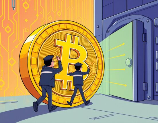 Secure Bitcoin transfer showing digital assets moving to protected custody vault